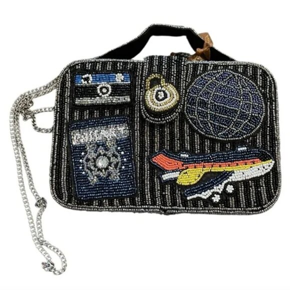 From India to You Handbags - NWT Black Silver Stripe Travel Beaded Made in India Passport Plane Crossbody Bag